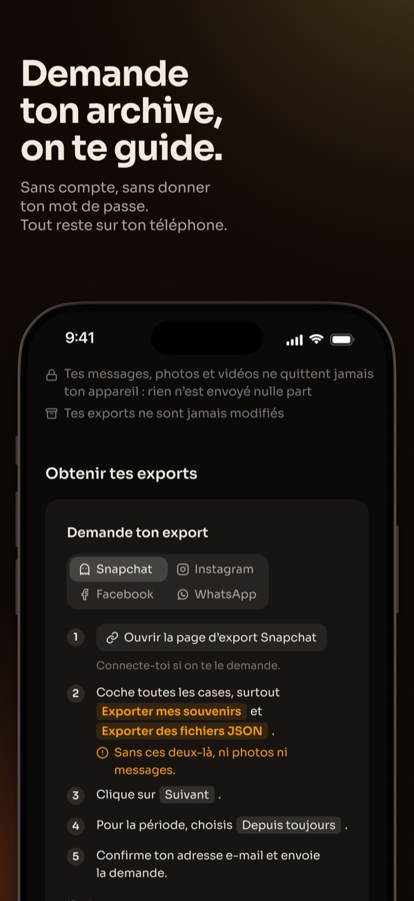 Demande ton archive, on te guide. Sans compte, sans donner ton mot de passe.